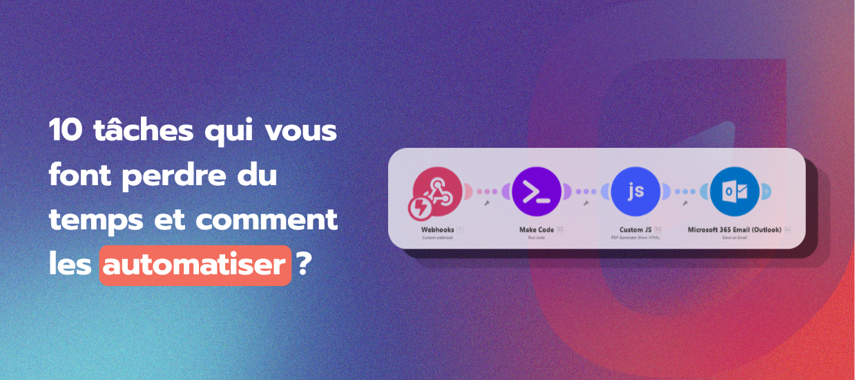 Interface Glide affichée sur un écran d’ordinateur, illustrant un tableau de bord automatisé. À droite, un scénario Make relie Gmail, Google Drive et d’autres applications. Visuel de l’article “10 tâches chronophages que votre entreprise devrait automatiser dès maintenant” – automatisation no-code avec Glide et Make par Kapli.