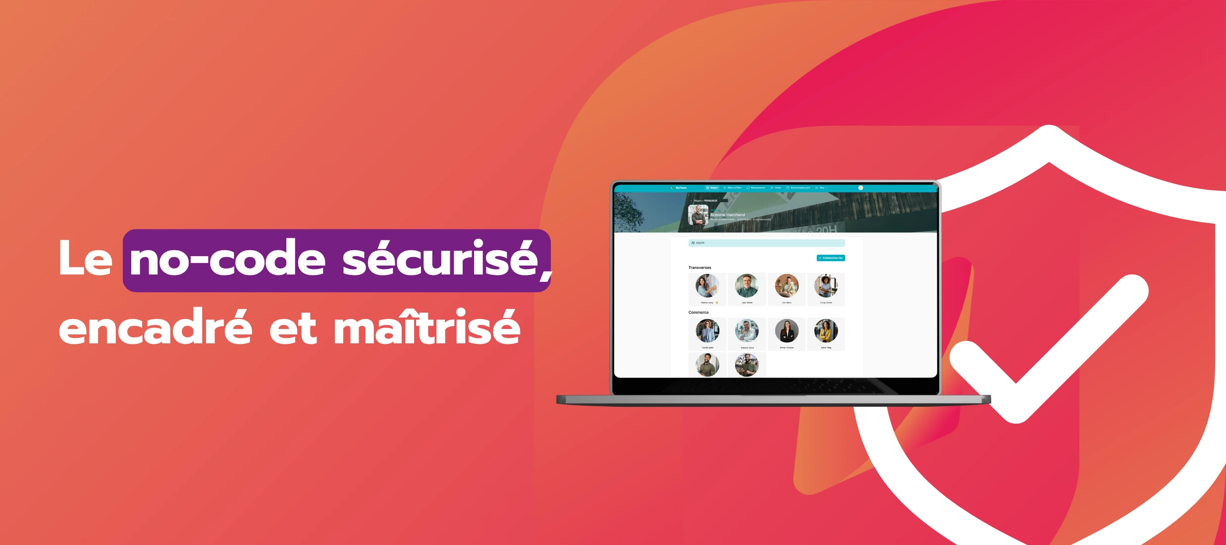 Illustration représentant la sécurité des données dans le no-code, avec des applications métiers protégées par un bouclier.