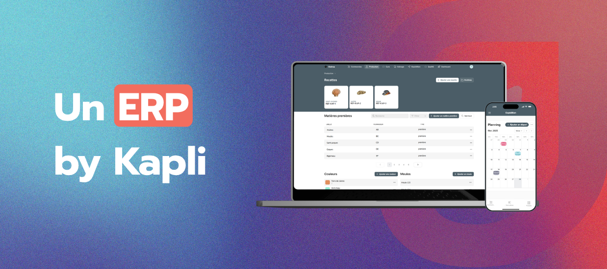 Mockup du projet ERP développé pour Ostrea par Kapli, affichant l’interface de gestion sur ordinateur et mobile, avec le logo Kapli en fond dégradé.