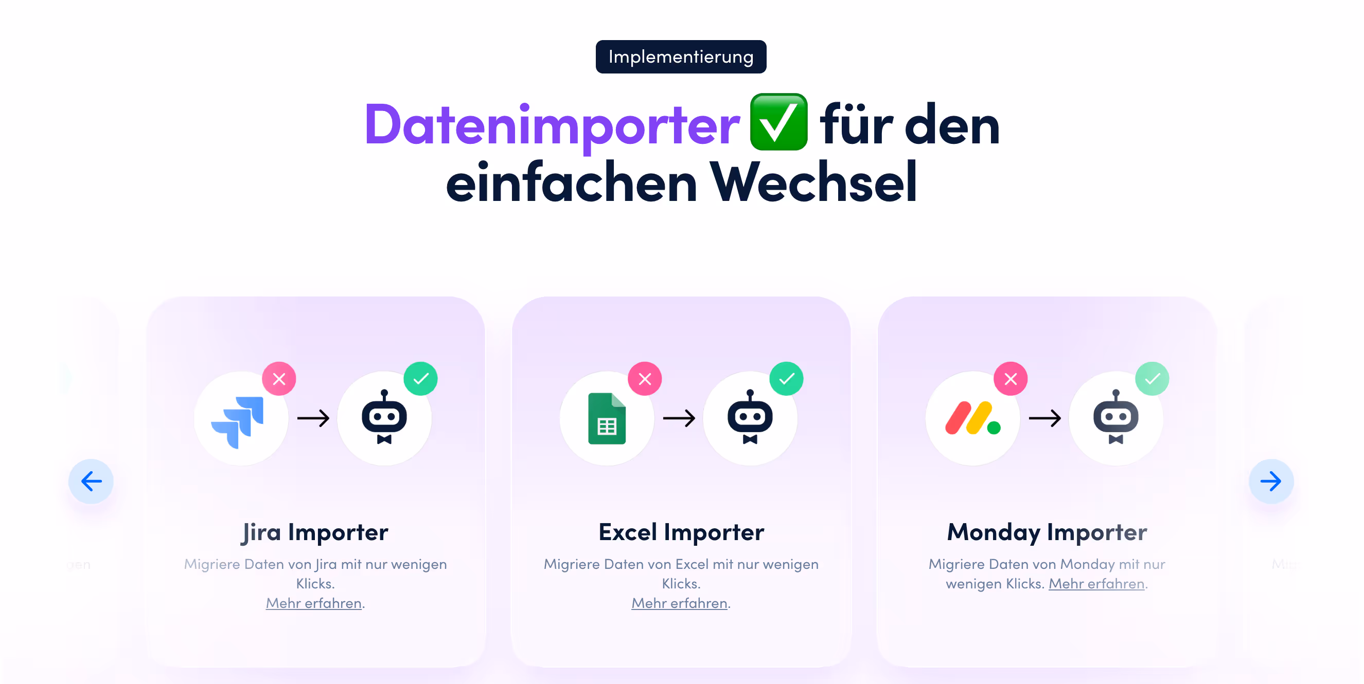 Drei Datenimporter-Optionen für einfachen Wechsel: Jira Importer, Excel Importer und Monday Importer mit Symbolen und Hinweis auf wenige Klicks.