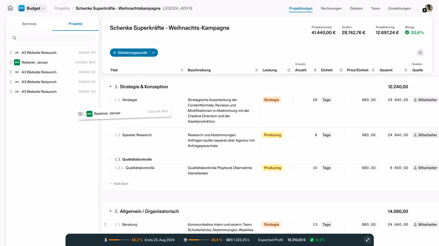 Screenshot eines Budget-Explorers mit Projektübersicht, Umsätzen, Kosten, kalkuliertem Projektertrag und Marge als Balkendiagramm.