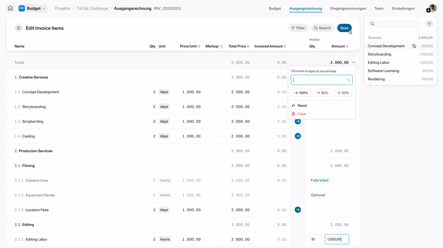 Übersicht einer Ausgangsrechnung im Budget-Tool mit Auflistung von Kreativ- und Produktionsleistungen, Mengen, Preisen und Rechnungsbeträgen.