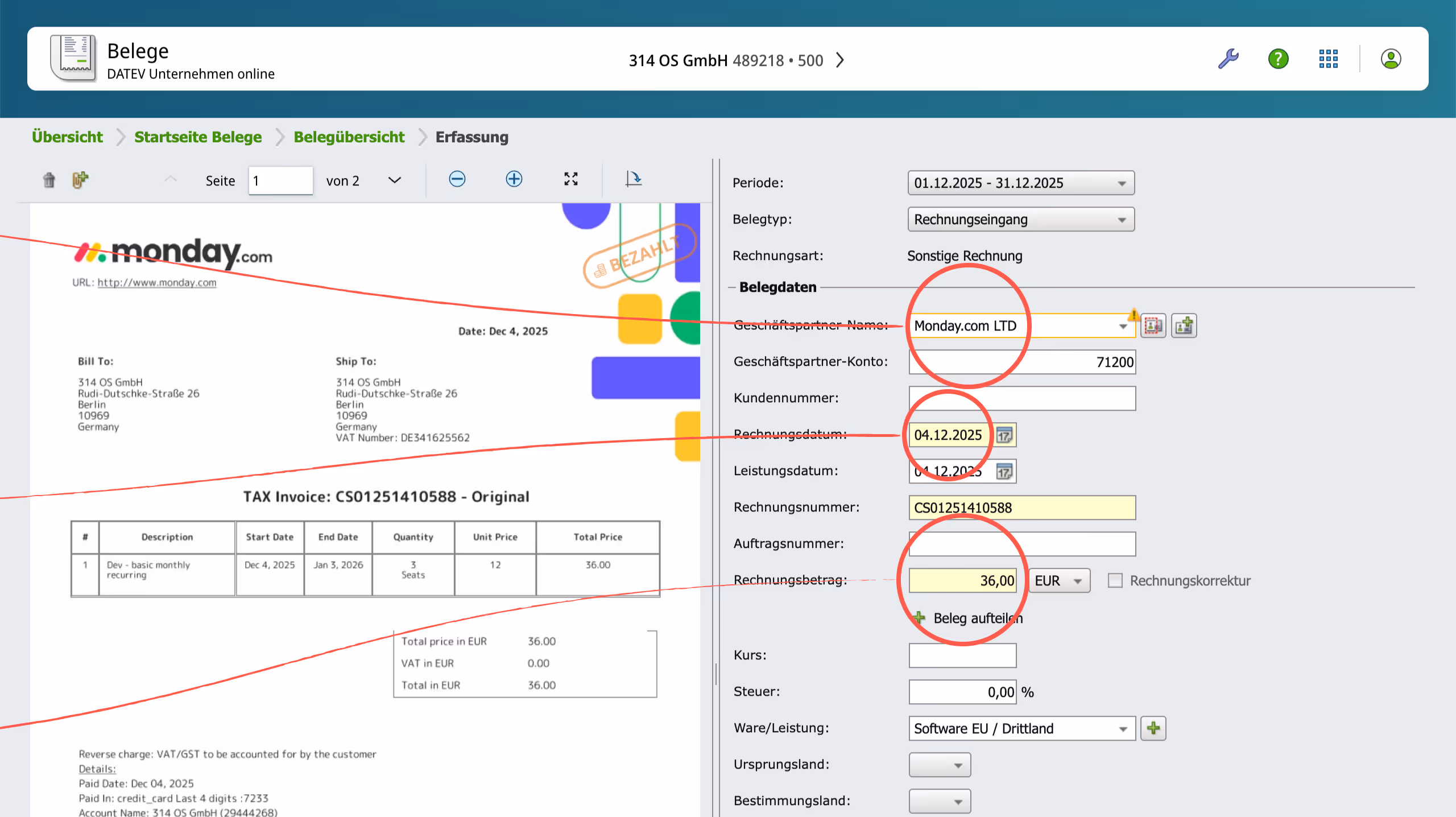 Projektübersicht mit ID, Fortschritt, Status, Team, Umsatz, verrechneten Kosten, tatsächlichen Kosten, Staff, Freelancer, Vendor und Gewinn in einer Budget-Tabelle.