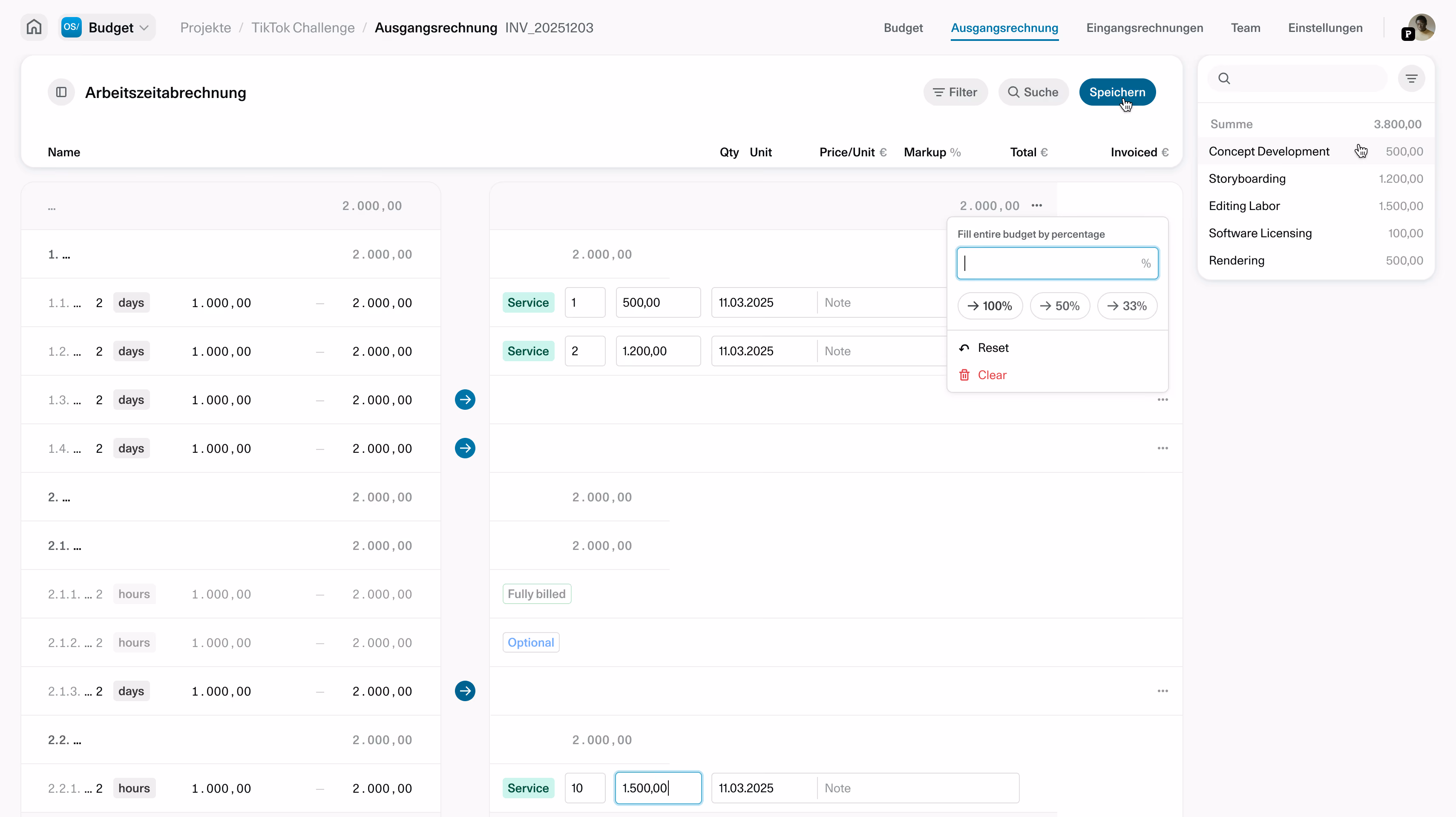 Screenshot eines Budget-Explorers mit Projektübersicht, Umsätzen, Kosten, kalkuliertem Projektertrag und Marge als Balkendiagramm.