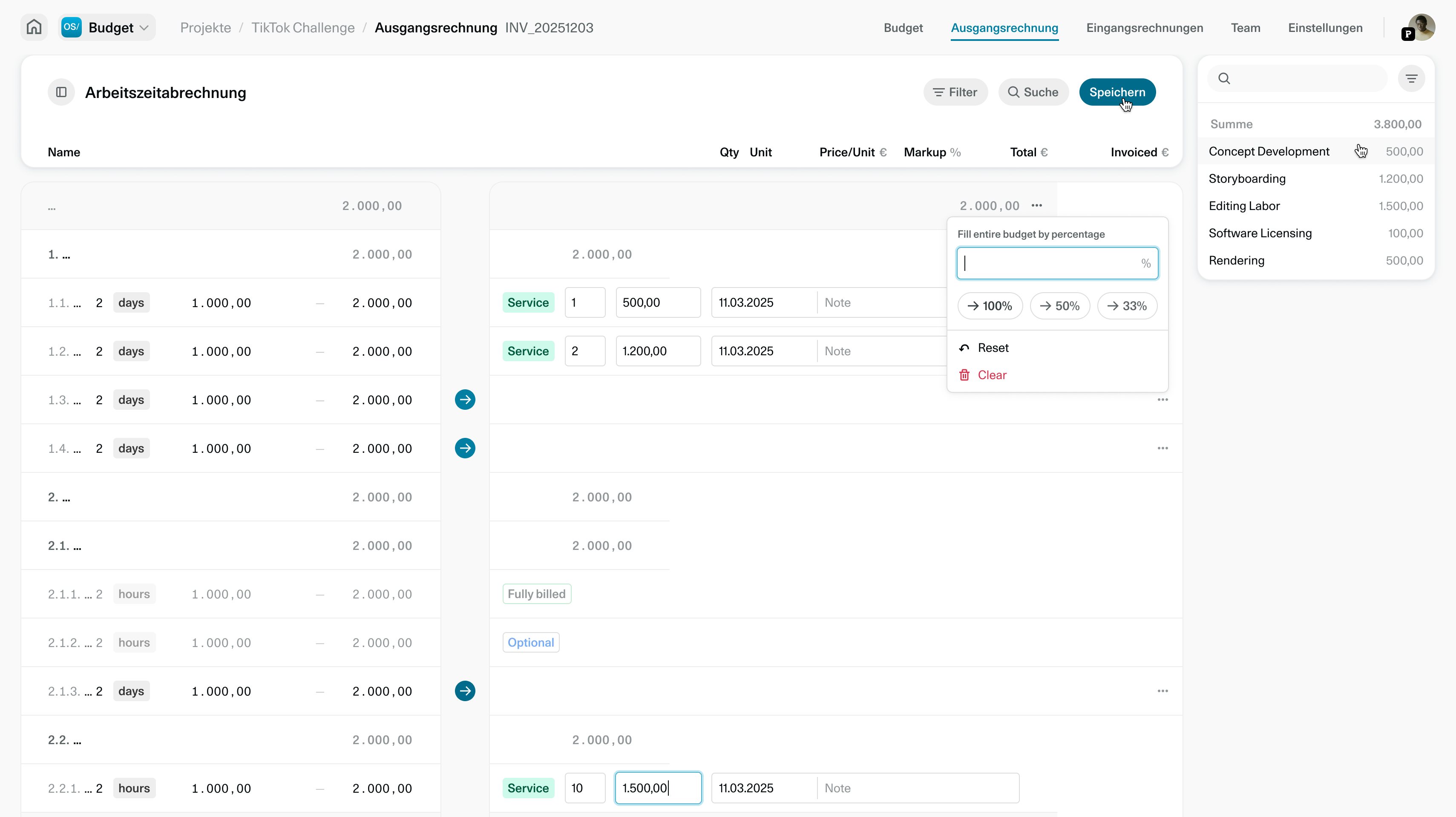 Screenshot eines Budget-Explorers mit Projektübersicht, Umsätzen, Kosten, kalkuliertem Projektertrag und Marge als Balkendiagramm.