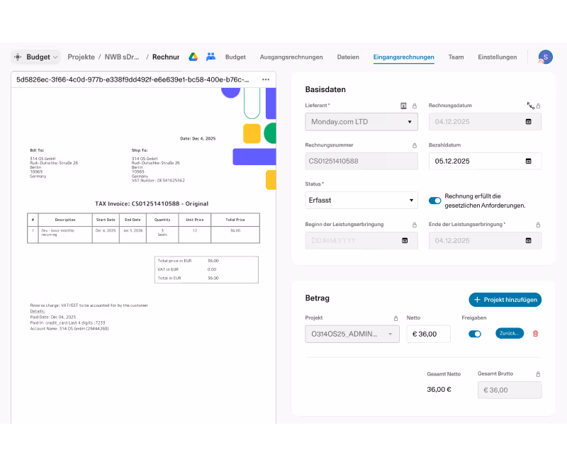 Screenshot einer Budgetverwaltungssoftware mit einer eingereichten Rechnung vom 4. Dezember 2025, Details zu Lieferant, Rechnungsnummer, Status, Zahlungs- und Rechnungsdatum sowie Projektauswahl für einen Betrag von 36 Euro.