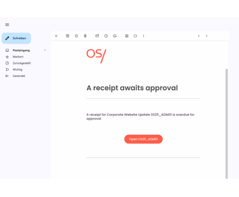 E-Mail-Benachrichtigung mit dem Text: 'Eine Quittung wartet auf Genehmigung' und einem roten Button 'Open OS25_ADM01'.