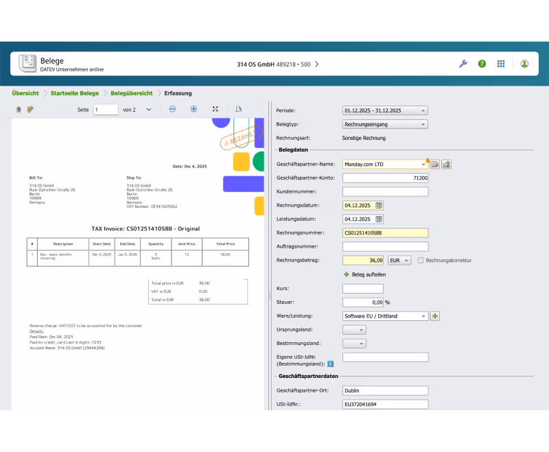 Screenshot einer Kontaktdaten-Verwaltungsseite für Monday.com LTD mit Feldern für Firmendetails, Kontoführung, Adressen und Verantwortliche.
