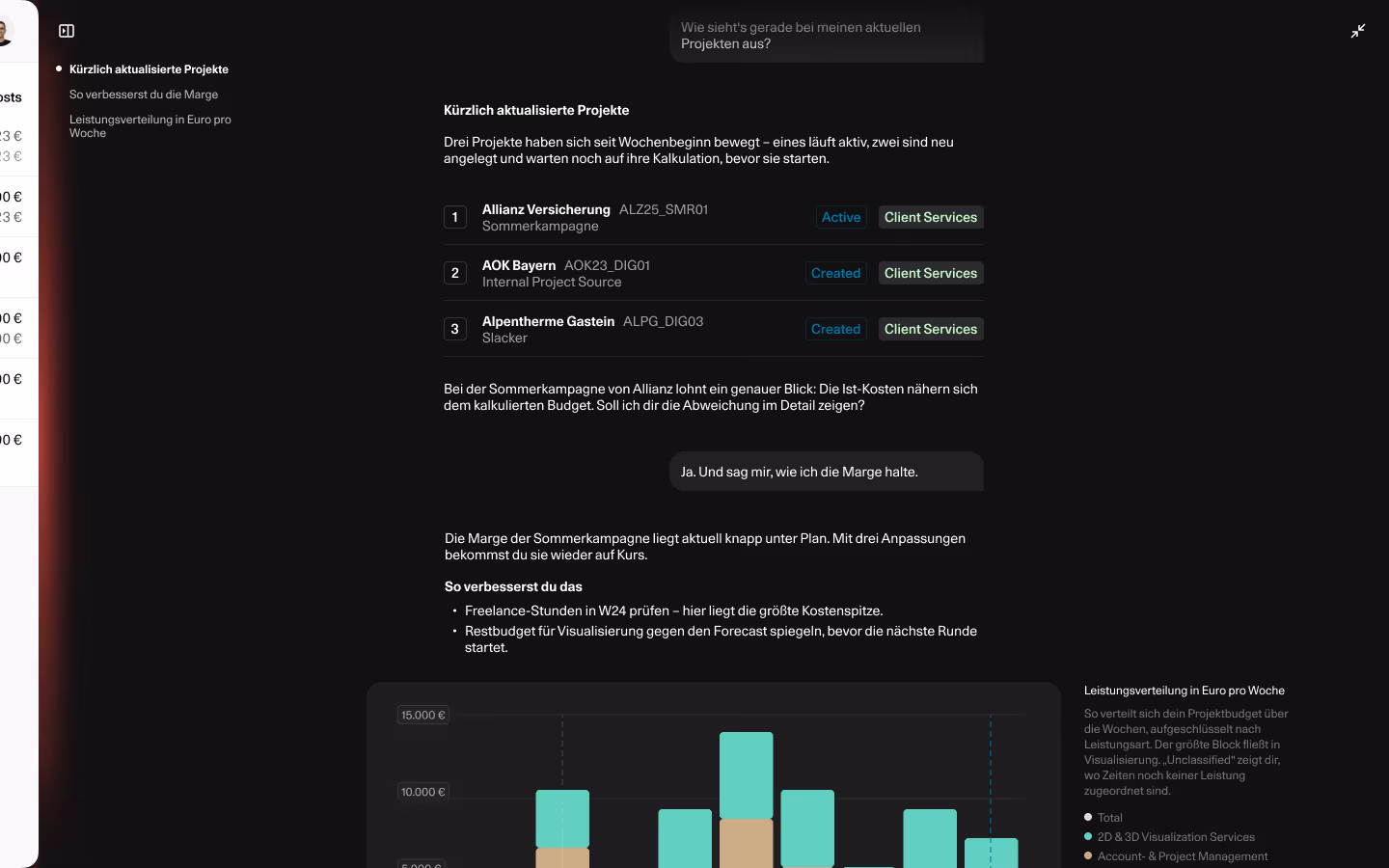 Screenshot eines Budget-Explorers mit Projektübersicht, Umsätzen, Kosten, kalkuliertem Projektertrag und Marge als Balkendiagramm.