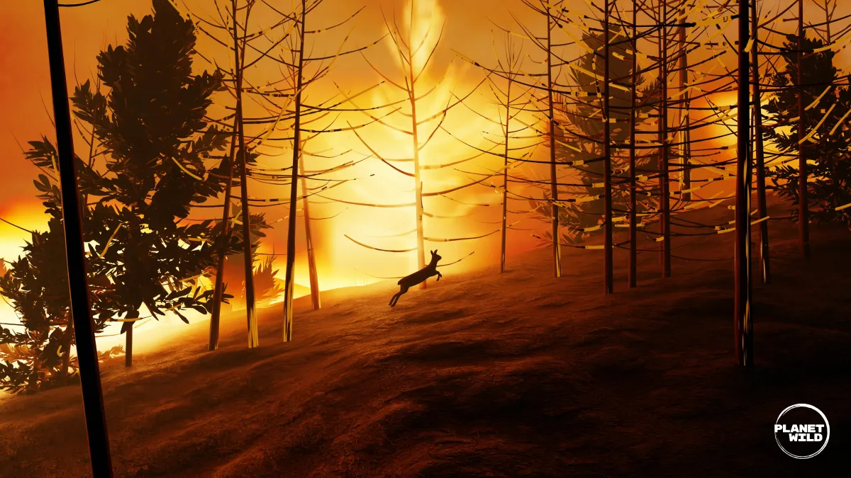 Illustrated scene of an animal fleeing through a forest engulfed in intense orange wildfire flames.