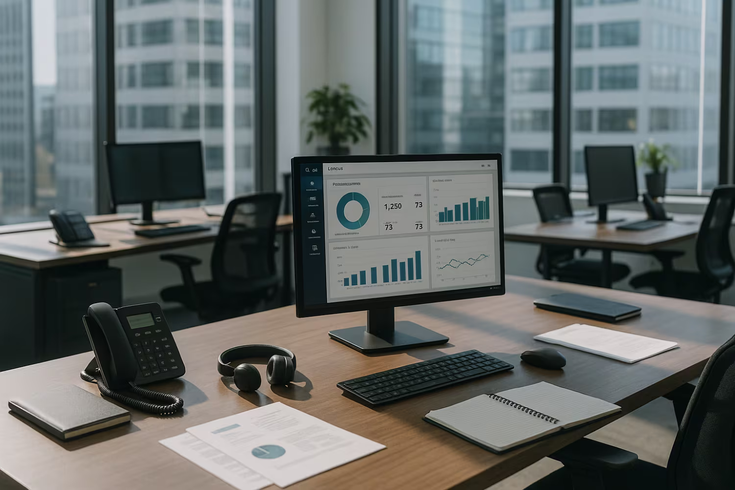 Mid-morning corporate office tech-management