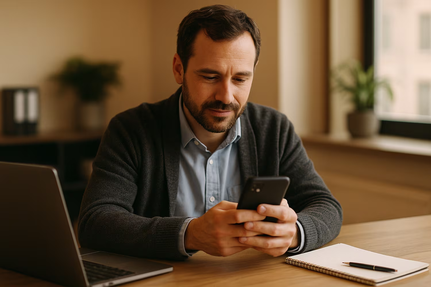 Office worker using mobile device management