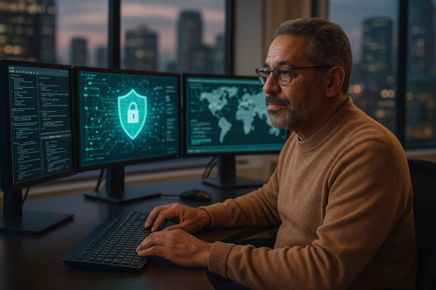 Cybersecurity analyst analyzing complex data