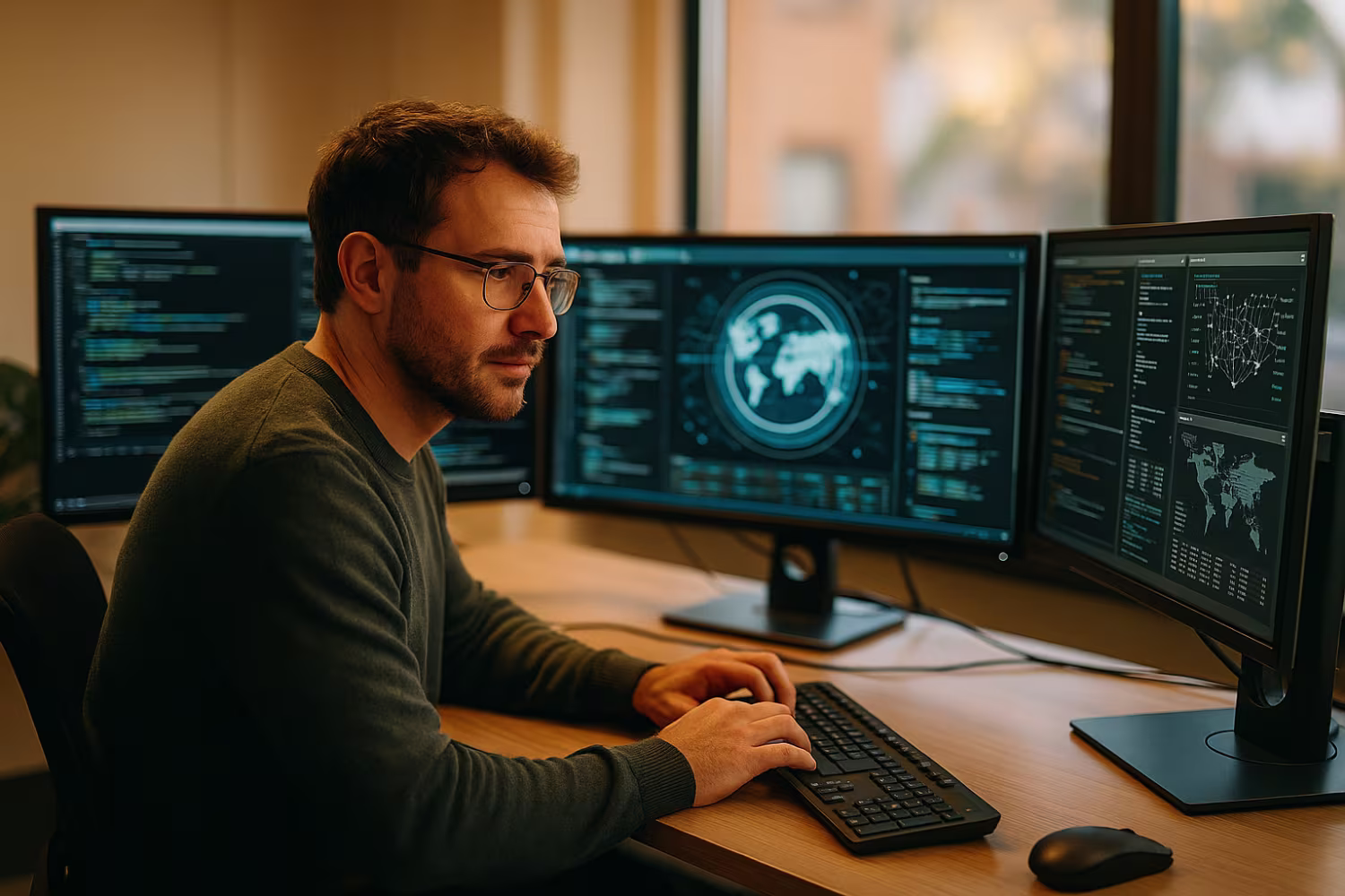 Cybersecurity analyst working on monitors
