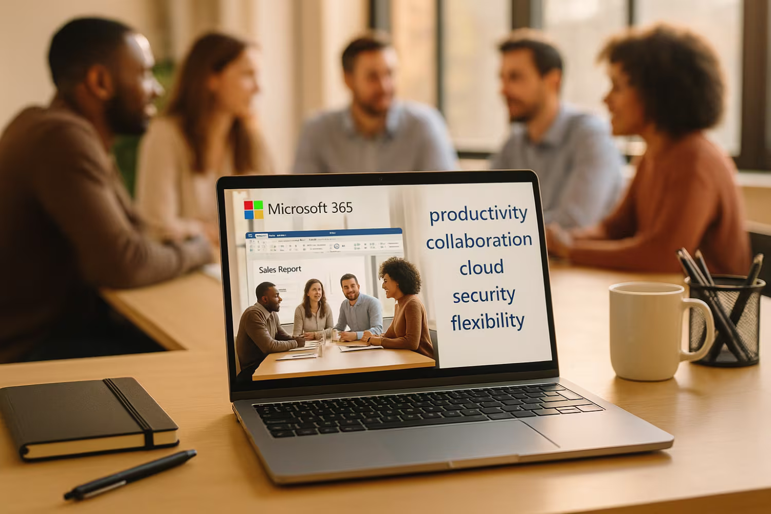 Microsoft 365 on laptop, employees collaborating