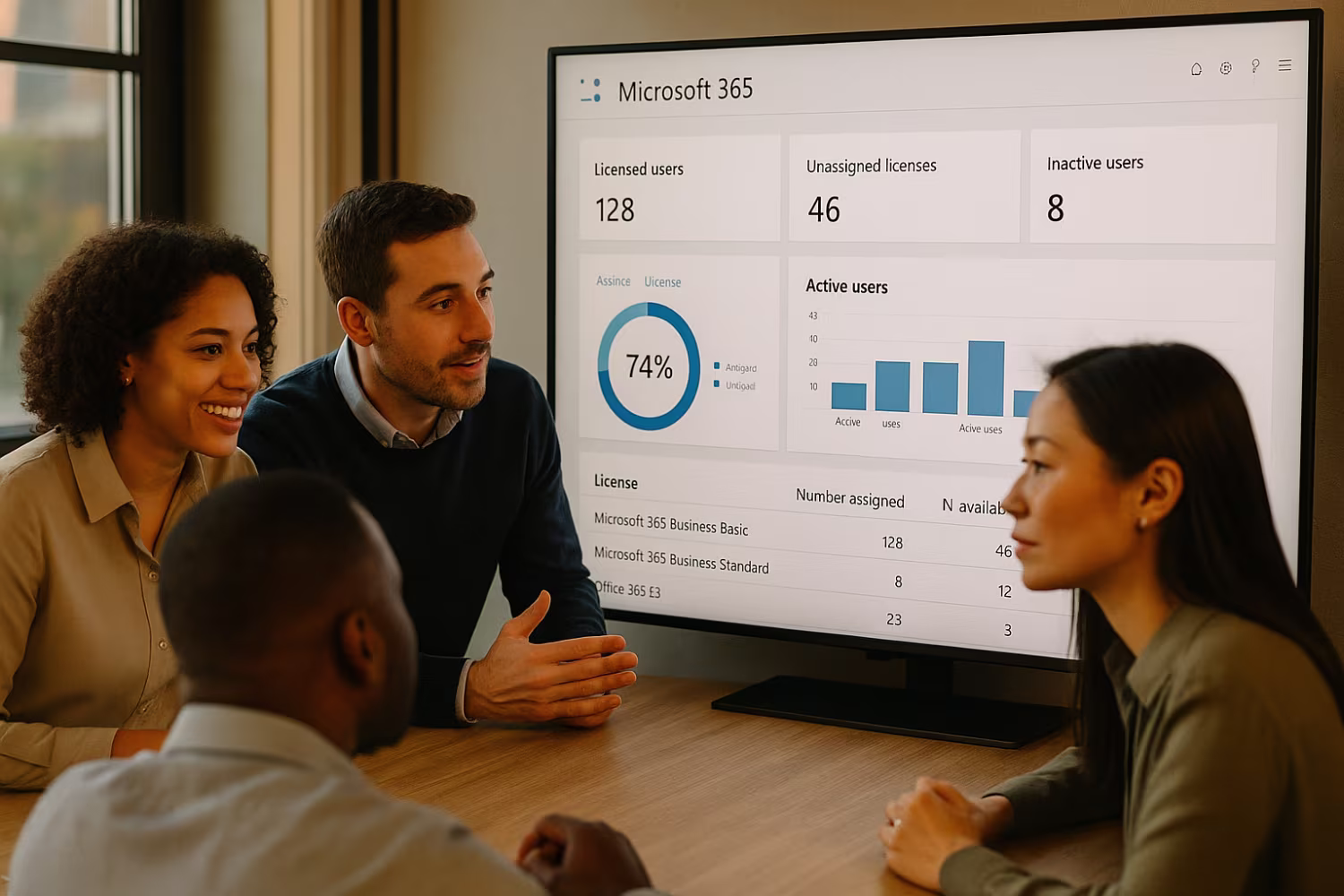 Diverse team observing Microsoft 365 license management