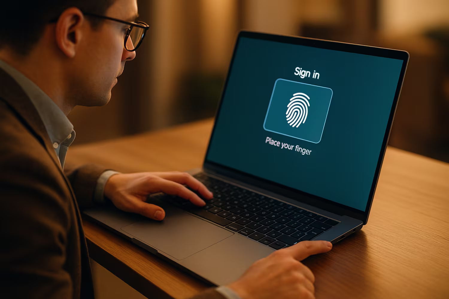 Person using passwordless authentication laptop