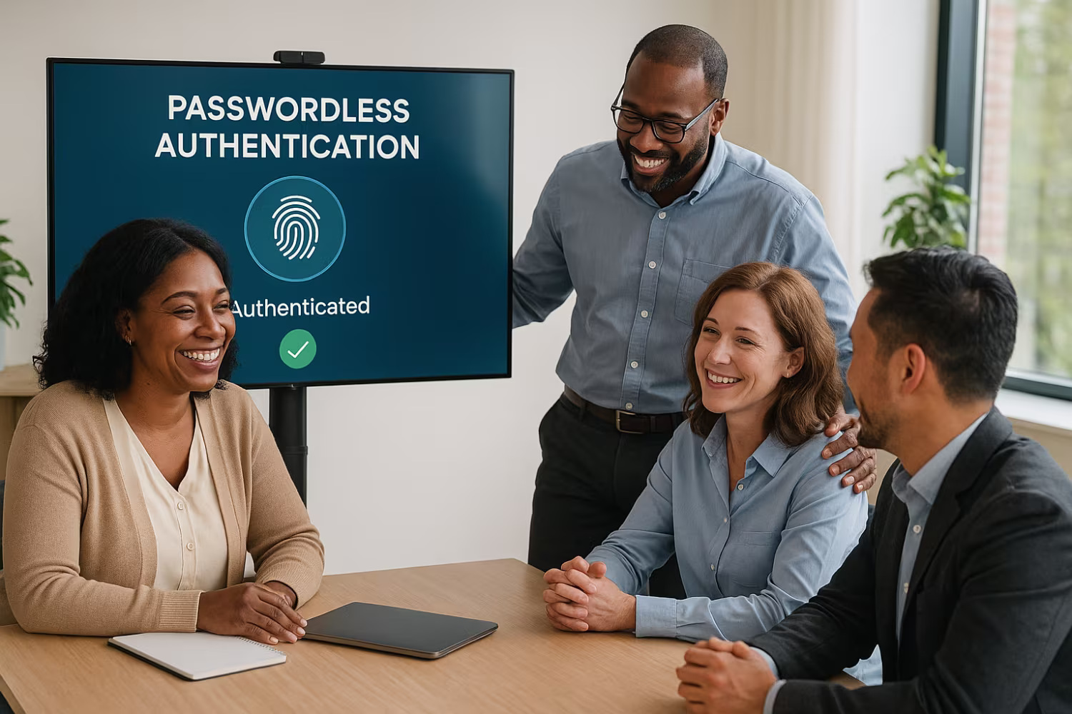 Diverse professionals discussing passwordless authentication