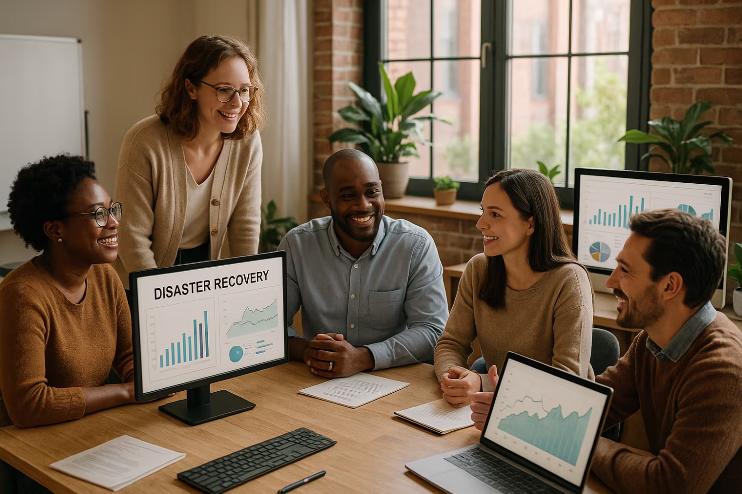 Team collaborating on disaster recovery planning