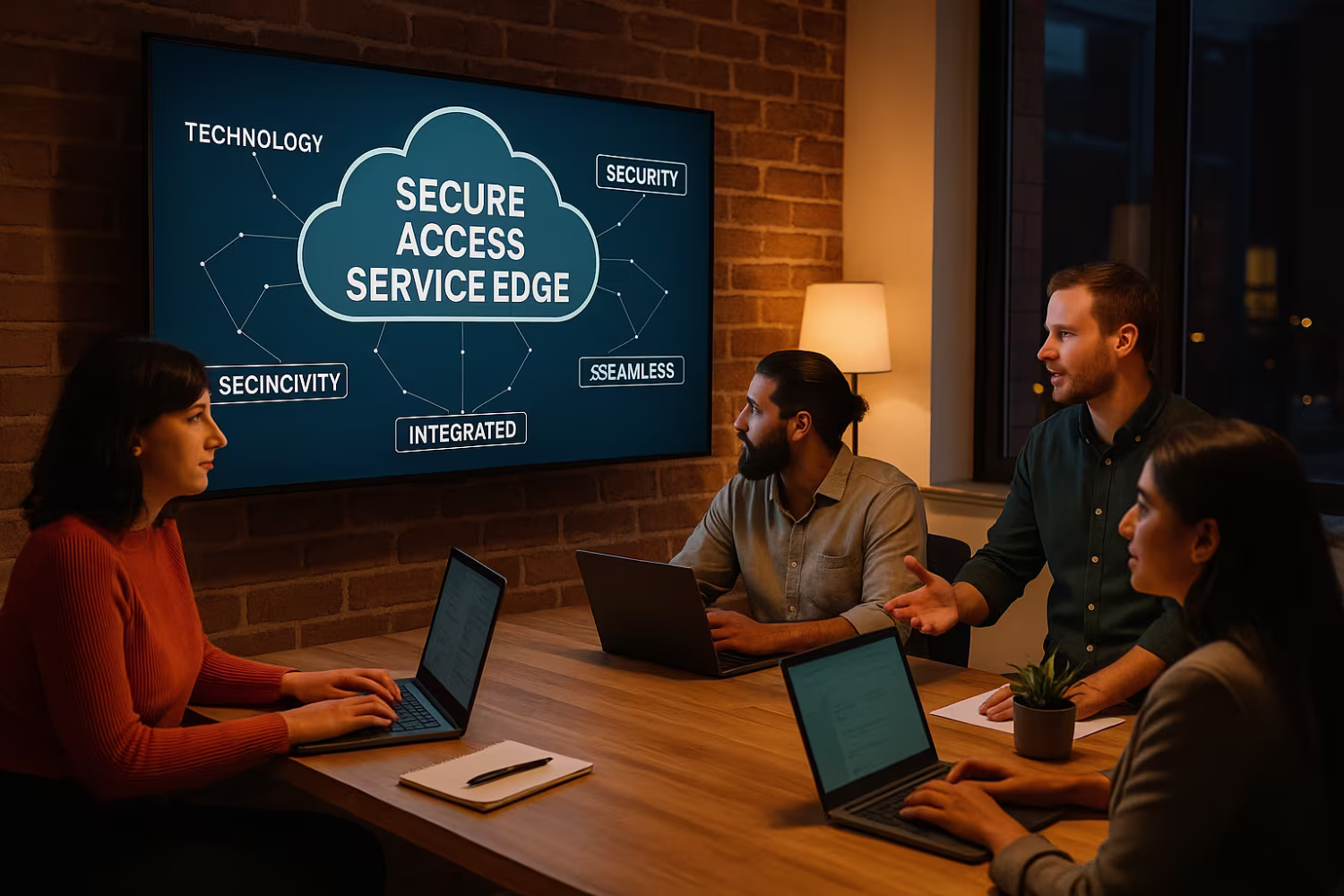 Employees discussing secure access service edge