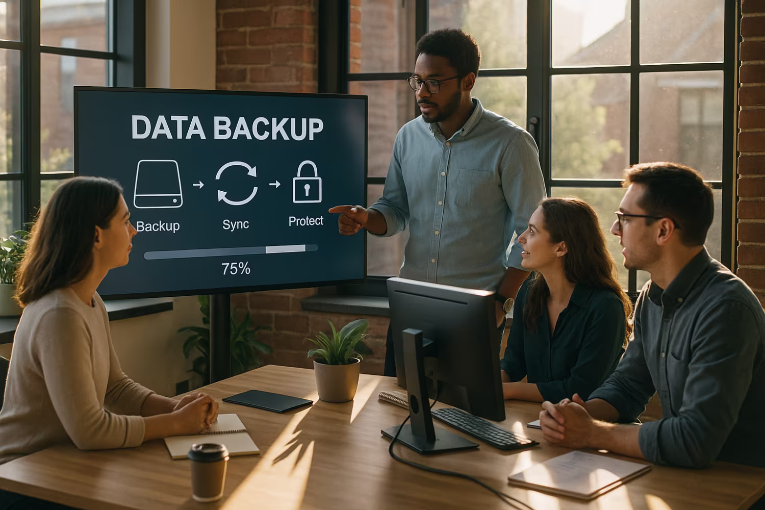 Employees collaborating on data backup service