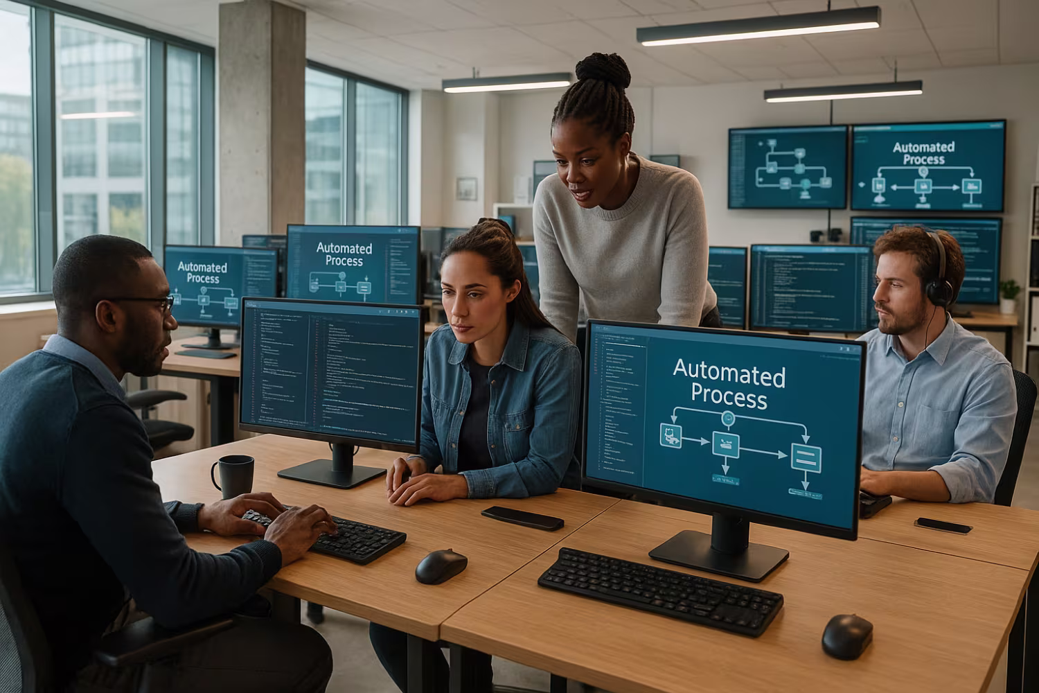 Diverse team in automated IT support office