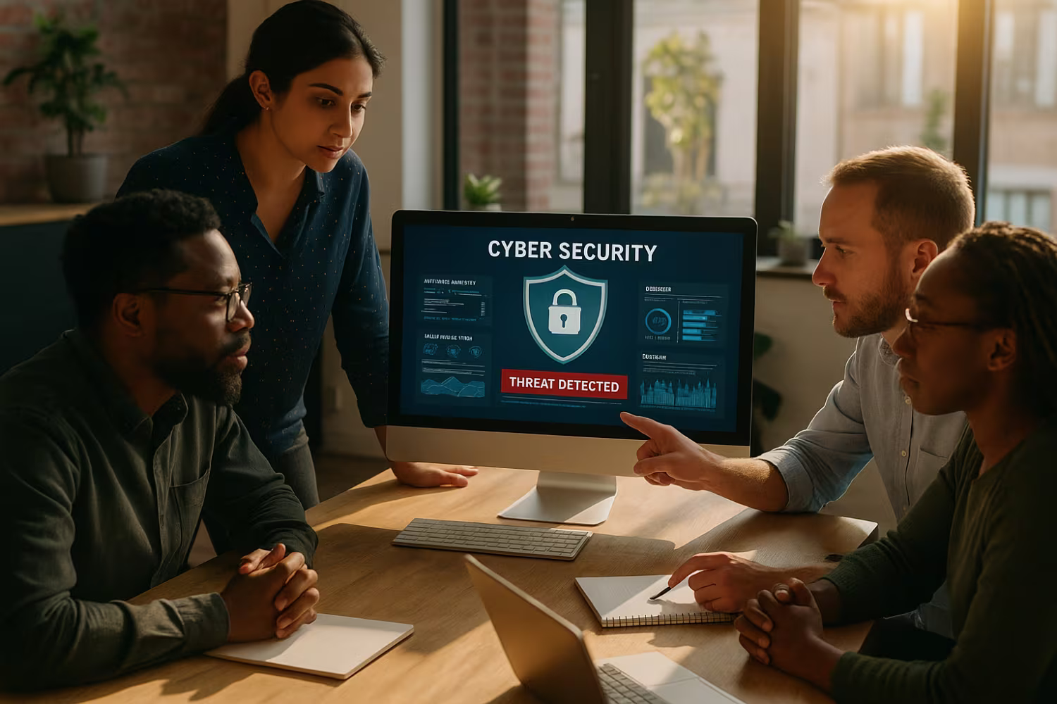 Diverse team collaborating on cybersecurity dashboard