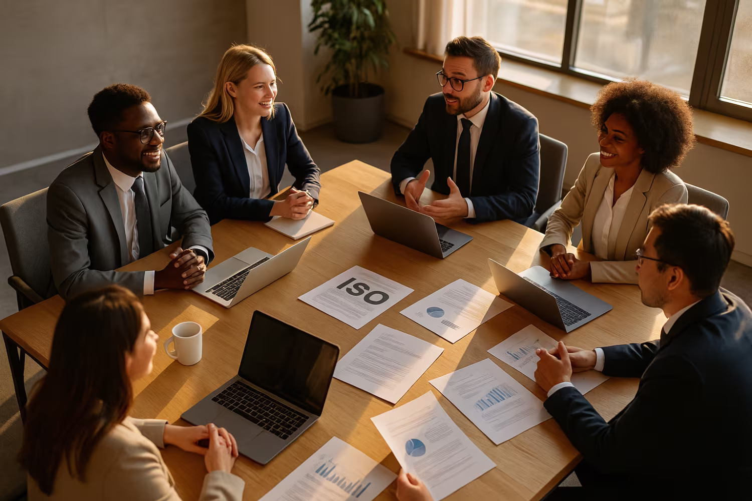 Diverse team discussing ISO compliance in modern office