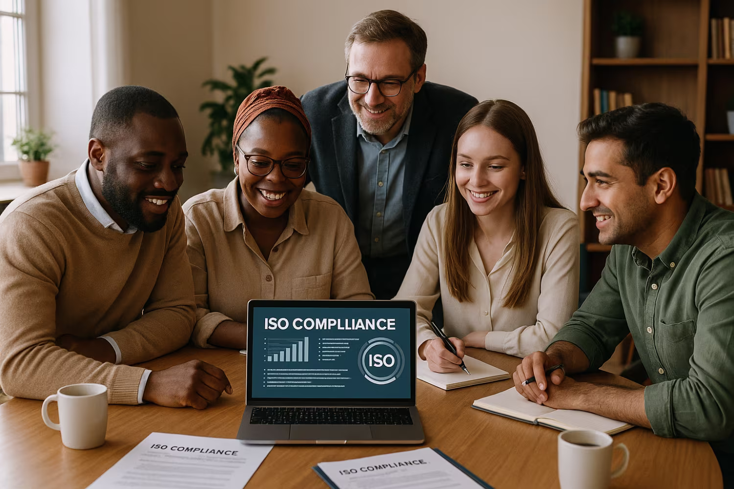 Diverse professionals discussing ISO compliance