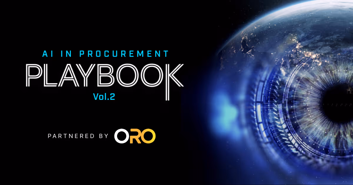 Title text AI in Procurement Playbook Vol.2 with partner ORO and a digital globe eye on the right.