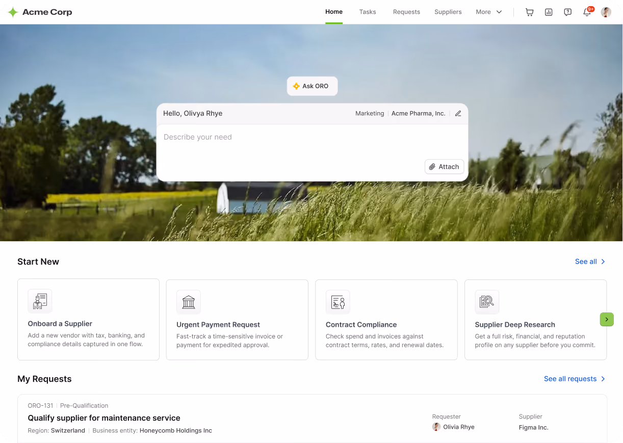 Acme Corp supplier management dashboard with a nature background; user Olivia Rhye greeted with a textbox to describe needs and options including Onboard a Supplier, Urgent Payment Request, Contract Compliance, and Supplier Deep Research; a request to qualify a supplier for maintenance service in Switzerland with requester Olivia Rhye and supplier Figma Inc.