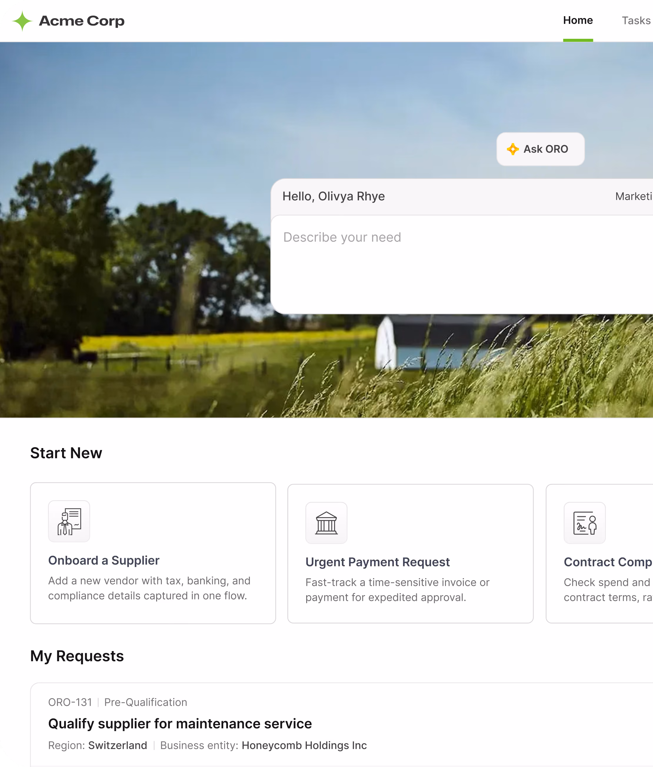 Dashboard interface of Acme Corp software, featuring a nature background with grass and trees, a chat section addressing Olivya Rhye, options to onboard a supplier, submit urgent payment requests, and manage contract compliance, and a request titled 'Qualify supplier for maintenance service' under My Requests.