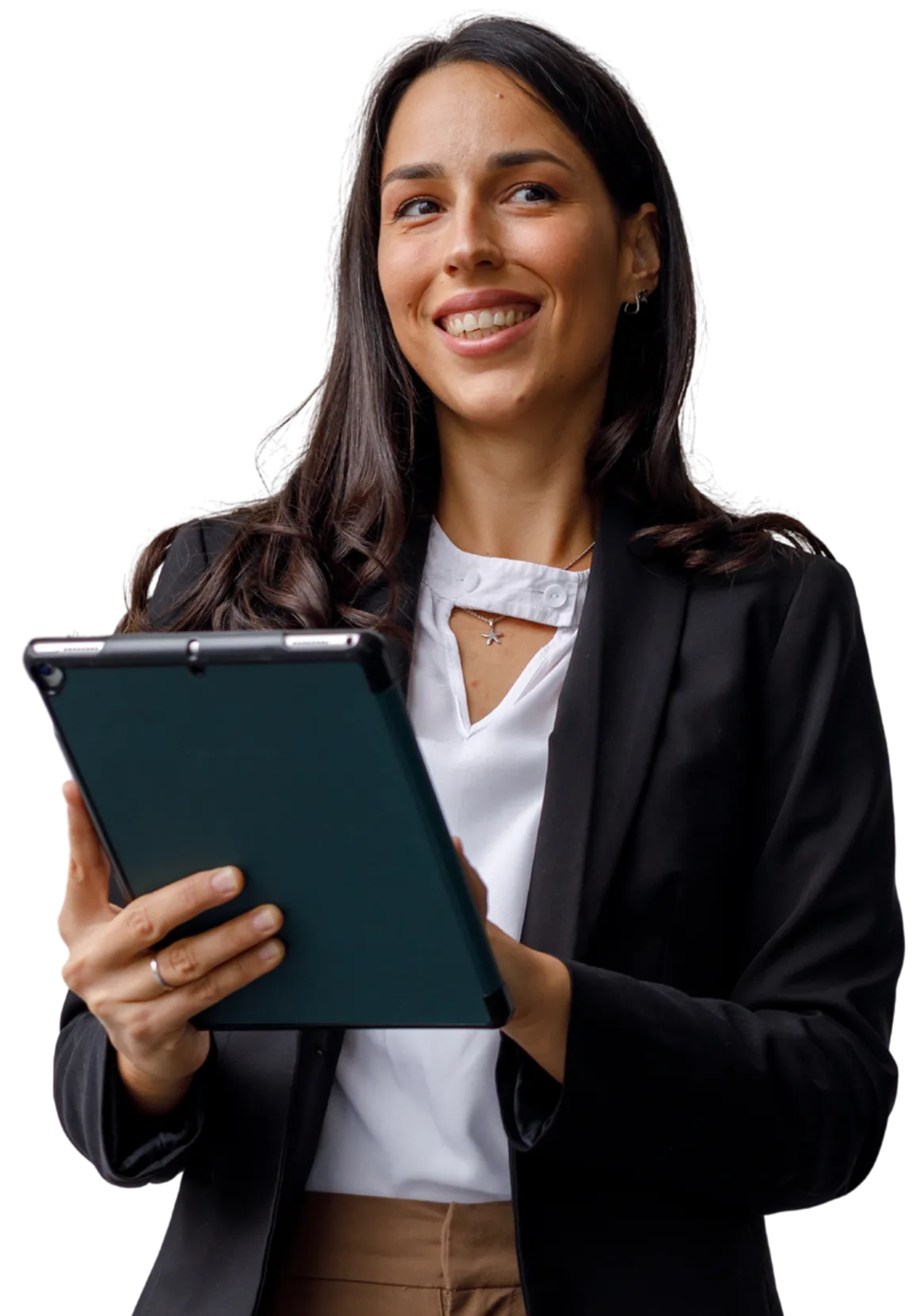 Smiling woman with long dark hair wearing a black blazer and white shirt holding a tablet in both hands.
