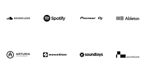 Wall of logos featuring: Soundcloud, Spotify, Pioneer DJ, Ableton, Arturia, Novation, Soundtoys, Pointblank