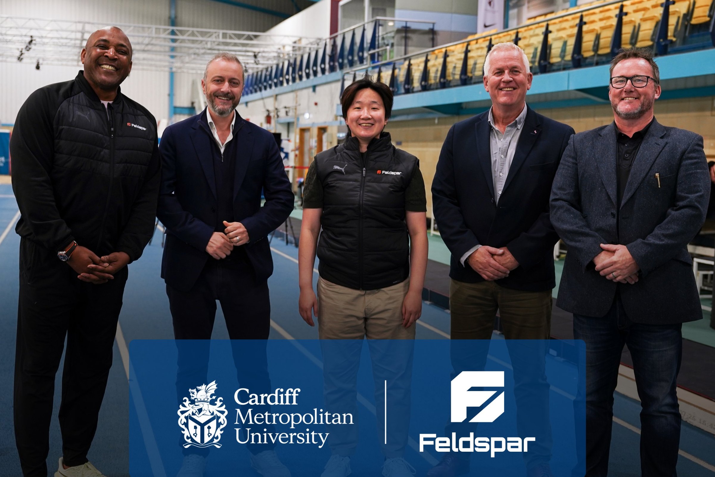 Feldspar and Cardiff Metropolitan University launch a pilot providing real-time data to leading sports scientists. (L-R) Gareth Irwin and Dr Huw Wiltshire (Cardiff Metropolitan University), and Alvina Chen, Tim Godfrey and Darren Campbell MBE (Feldspar)