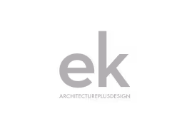 Logo with lowercase letters 'ek' stacked above the text 'ARCHITECTURE DESIGN'.