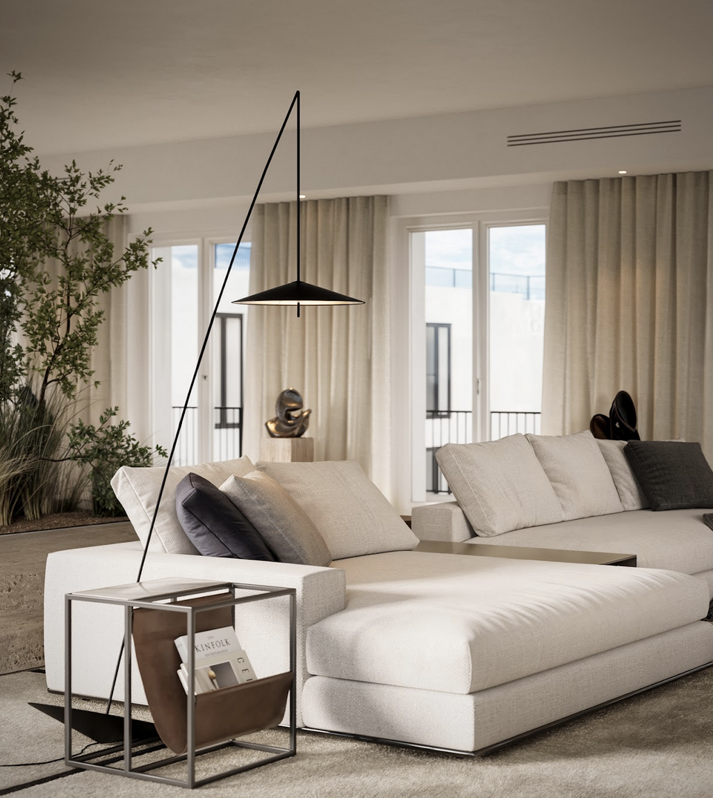 Apartment rendering services for a modern living room with sectional sofa and floor lamp
