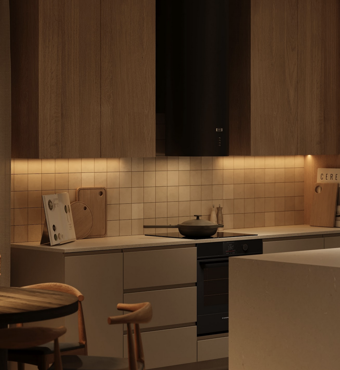 Photorealistic 3D interior rendering of a modern home office with marble desk, computer, sculptural lamp, and natural daylight, created by Eight Station rendering studio.
