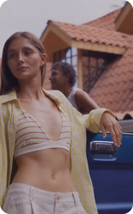 Model posing front of the car - Faherty
