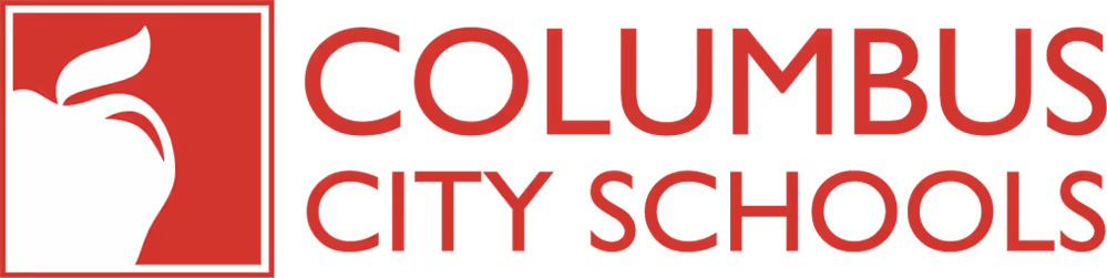 Columbus City Schools logo in red and white with stylized bird emblem