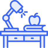 Robotic arm analyzing an apple next to books on a desk