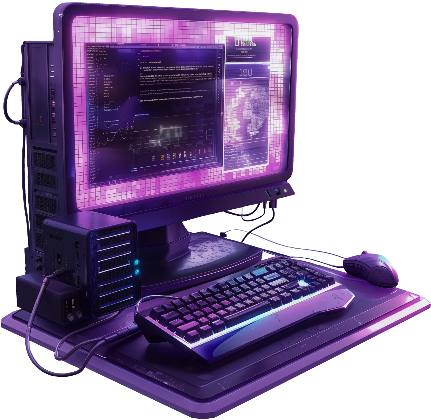 A futuristic purple glowing computer setup with a monitor displaying graphs and data, accompanied by a keyboard and mouse.