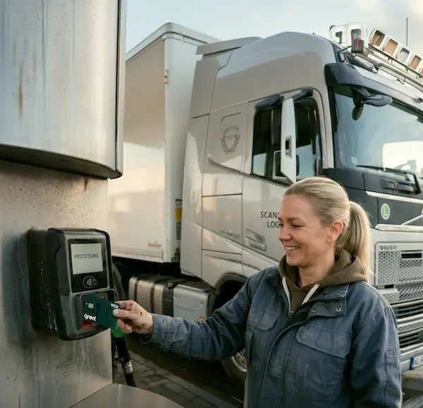 Unternehmerin beim Tanken eines Firmenfahrzeugs mit der Qred VISA Tankkarte