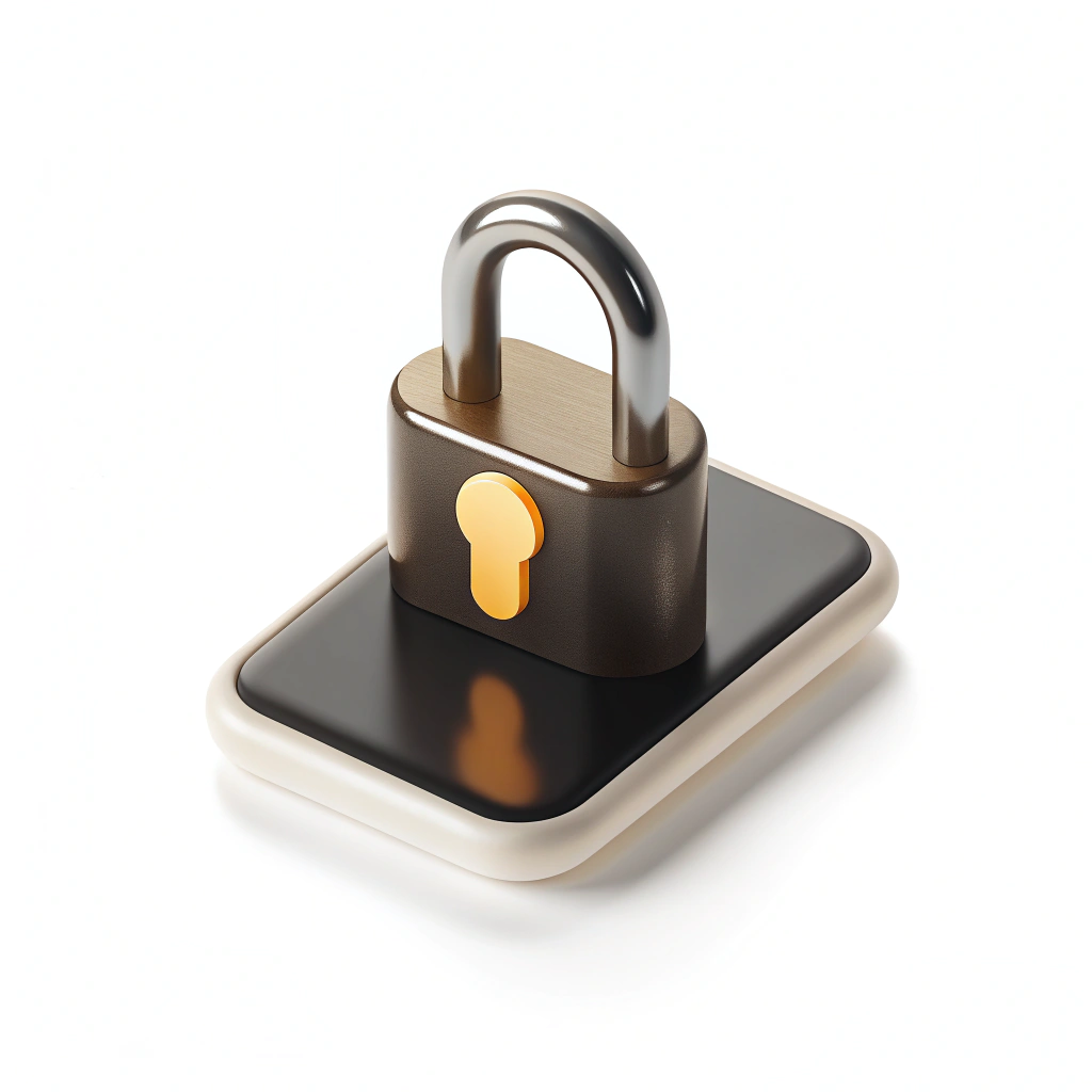 Candado metálico marrón con llave dorada sobre una base negra y blanca.