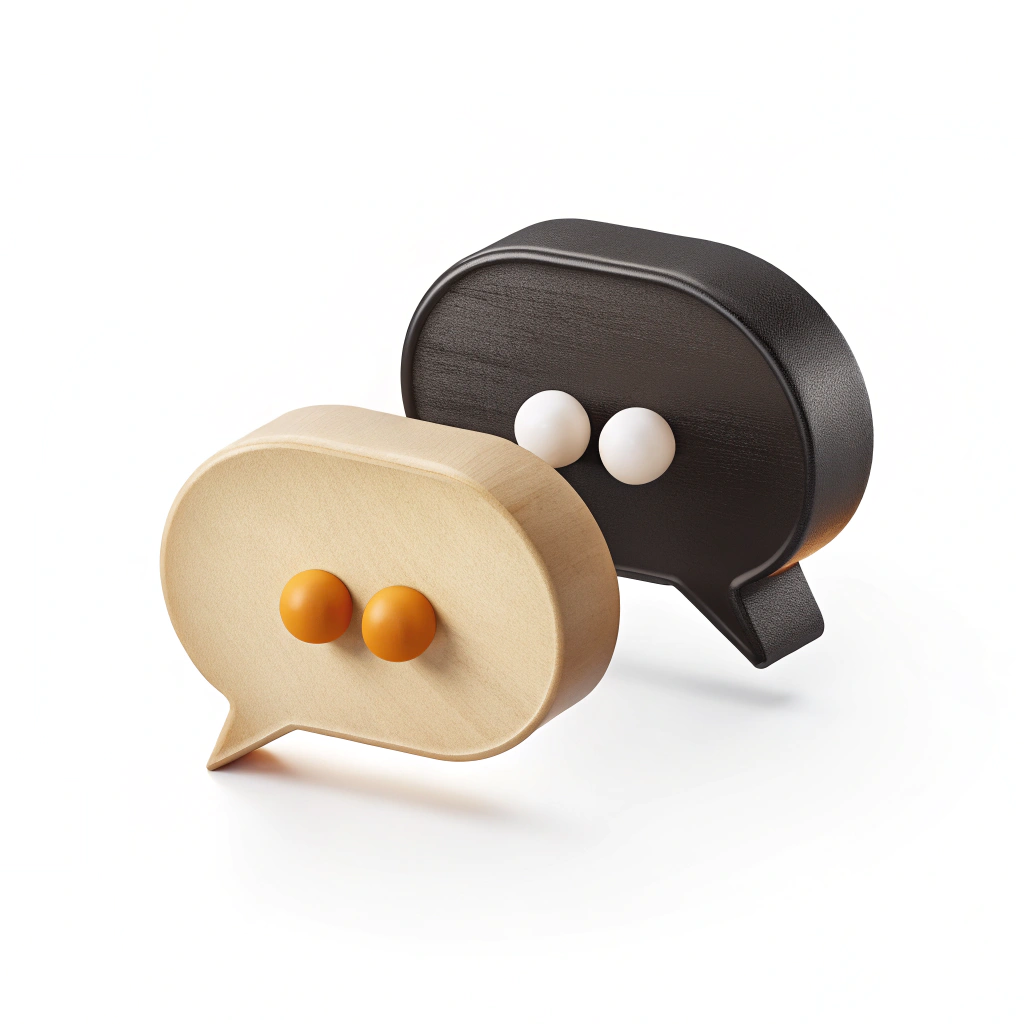 Dos burbujas de diálogo tridimensionales, una beige con puntos naranjas y otra negra con puntos blancos, sobre fondo blanco.