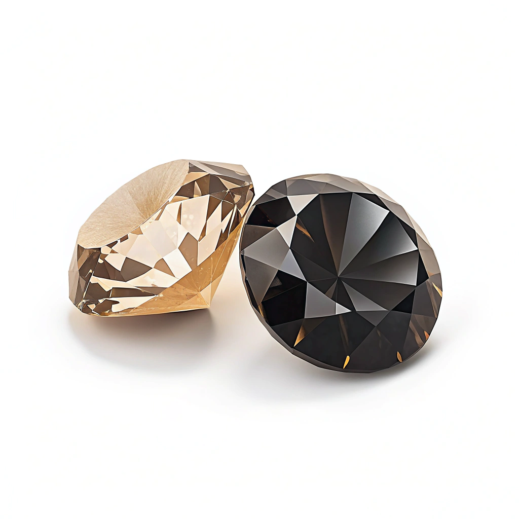 Dos diamantes facetados, uno color marrón claro y otro negro, sobre fondo blanco.