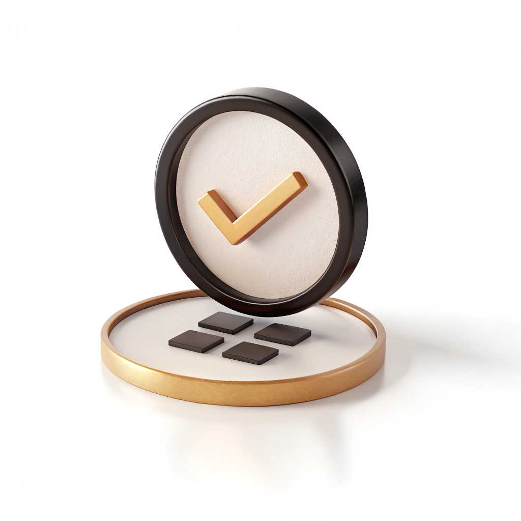 Un ícono tridimensional con un círculo negro que contiene una marca de verificación dorada, sobre una base circular dorada con cuatro cuadrados negros.
