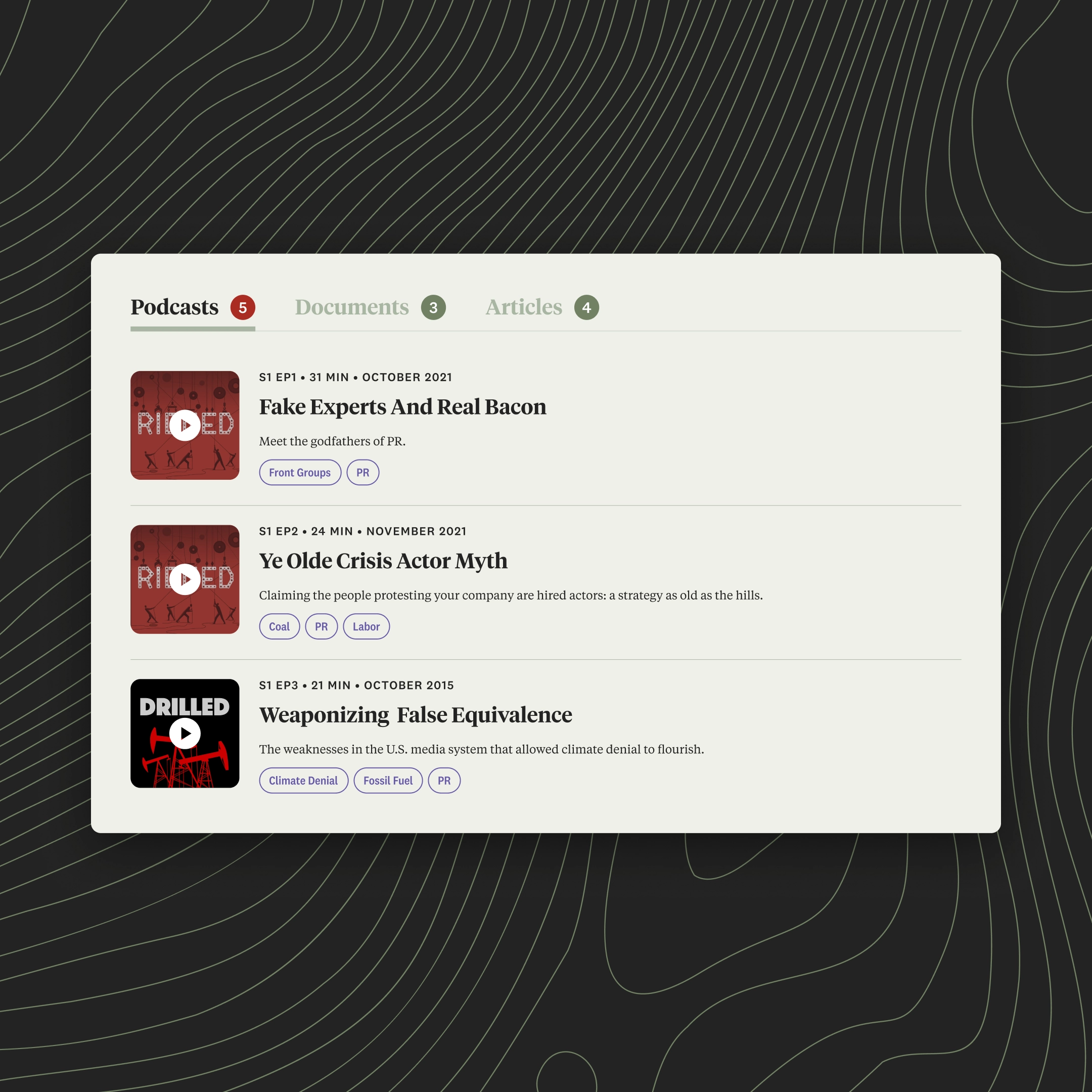 A snippet of design featuring podcast episodes
