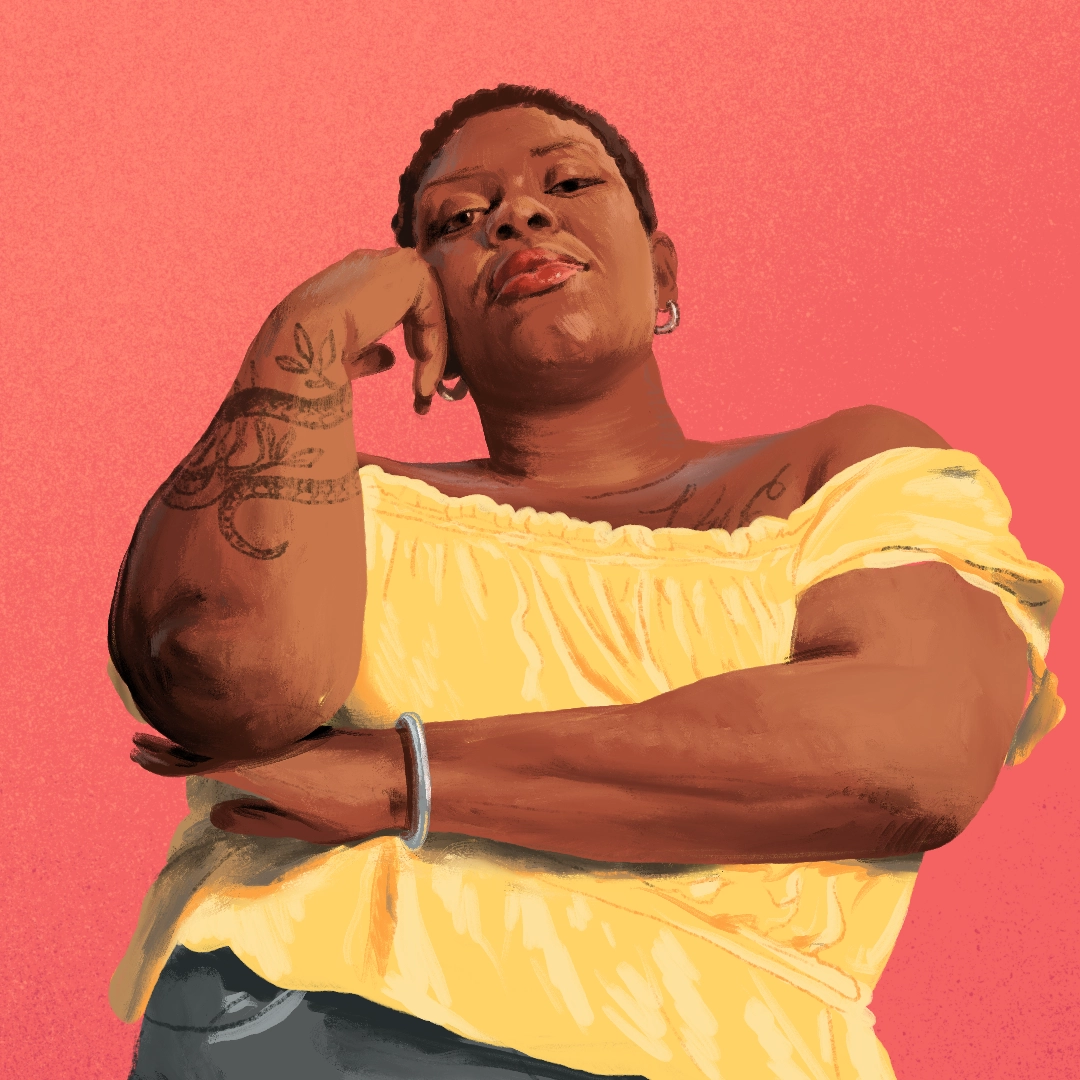 A digital portrait of a Black femme person in a yellow shirt on a red background