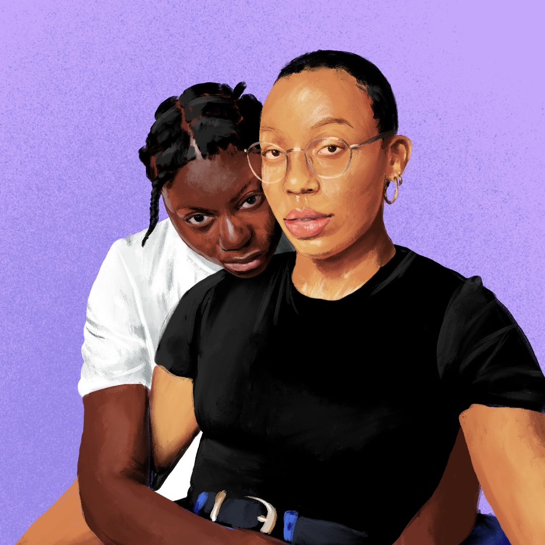 A digital painting of a young couple of Black queer femmes